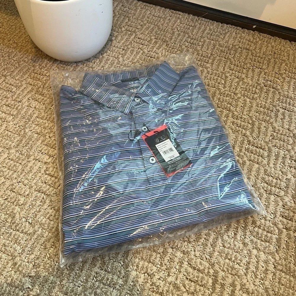 Greg Norman Men’s ML75 Stretch Panorama Stripe Polo Tropic Navy Golf Shirt - Picture 6 of 6